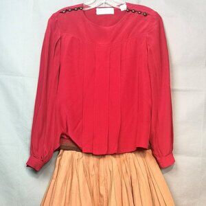 80s Vintage Designer Pleat Red Silk Crepe de Chine Long Sleeve Loose Fit Blouse